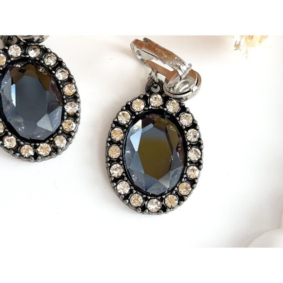 Silver Toned Faceted Oval Grey Rhinestone Halo Style Clip On Dangle Earrings - Picture 3 of 8